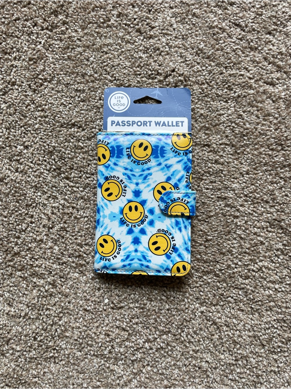 Life Is Good Blue and Yellow Smiley Passport Wallet